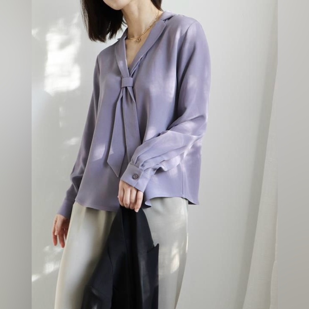 Womens Taupe Tie-Neck Blouse - Picture 2 of 12